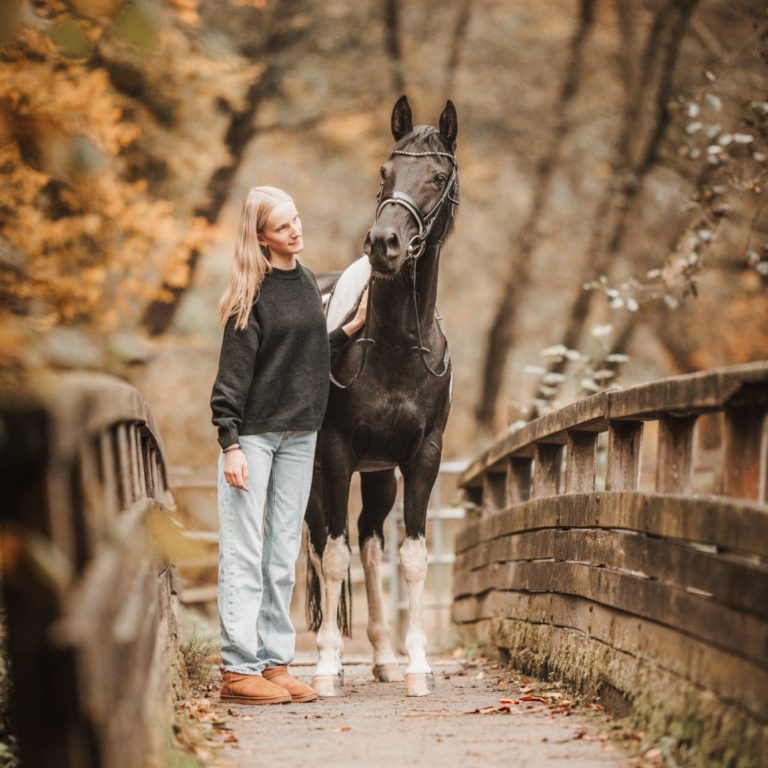 Pferd mit Mädchen auf einer Brücke